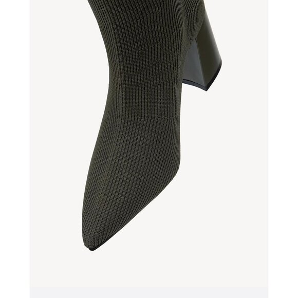 Women's Military Green Pointed Toe Ankle Boots Chunky Block Heel Sock Booties - Picture 3 of 7